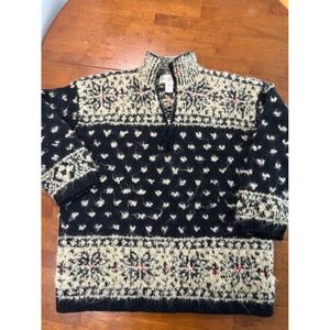 Jones New York Sport Sweater Womens L Black Wool Mohair Nordic Hand Knit 1/4 Zip